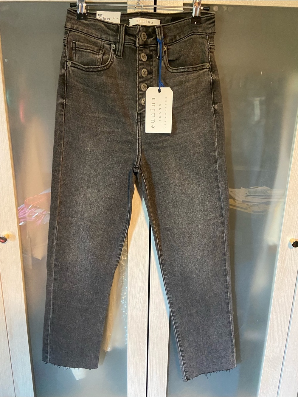 eunina High-Rise Button-Fly Slim Jeans in Charcoal